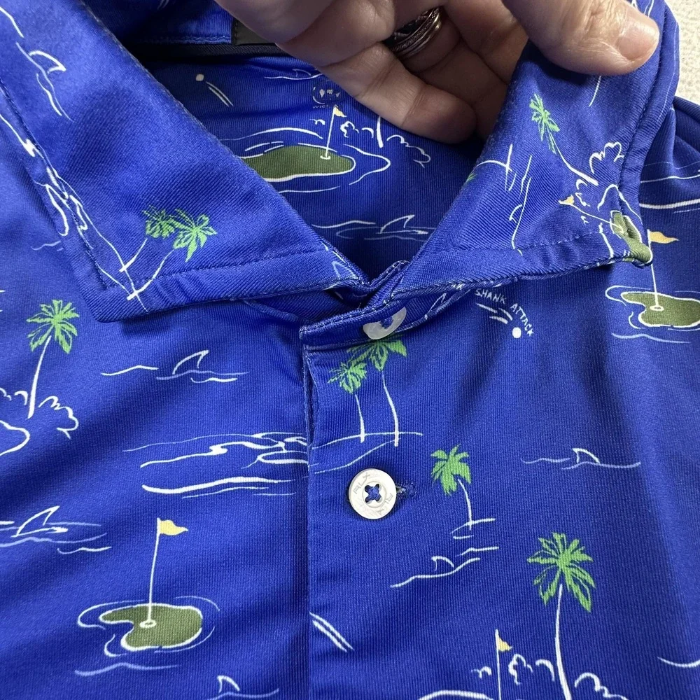 RLX Polo Shirt Mens Medium Blue Golf Course Print Stretch Wicking Ralph Lauren